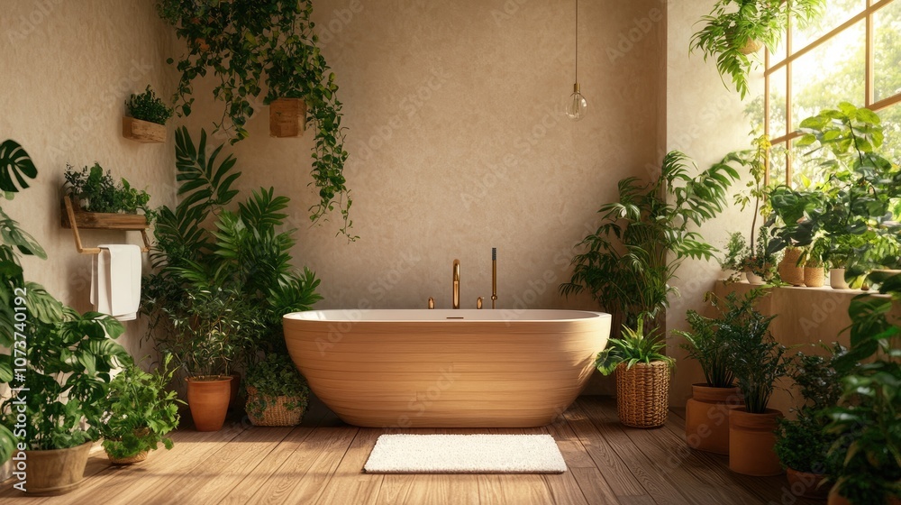 Unfinished project blueprint of a modern wooden bathroom featuring a freestanding bathtub showcasing a biophilic design with abundant houseplants in an urban jungle style 3D illustration Unfinished project blueprint of a modern wooden bathroom featuring a freestanding bathtub showcasing a biophilic design with abundant houseplants in an urban jungle style 3D illustration
