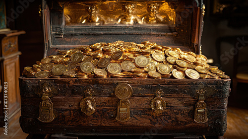 treasure chest overflowing with gold coins, showcasing wealth and luxury. intricate details of chest and coins create captivating scene of opulence and adventure photo