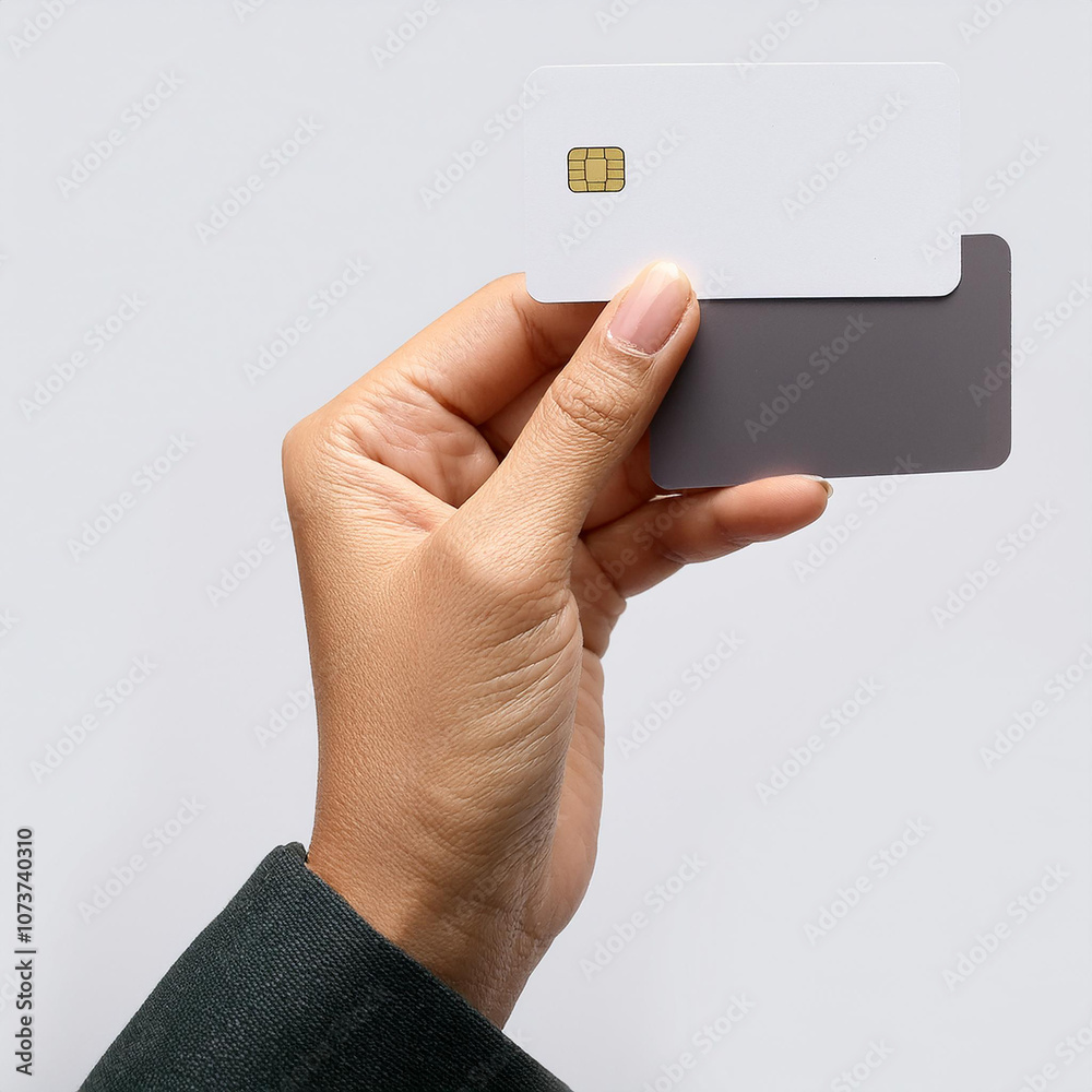 Hand holding blank card against gray background Hand holding blank card against gray background