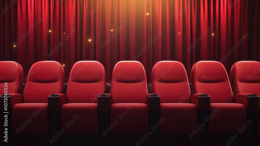 Fototapeta premium Horizontal banner featuring a row of red cinema seats