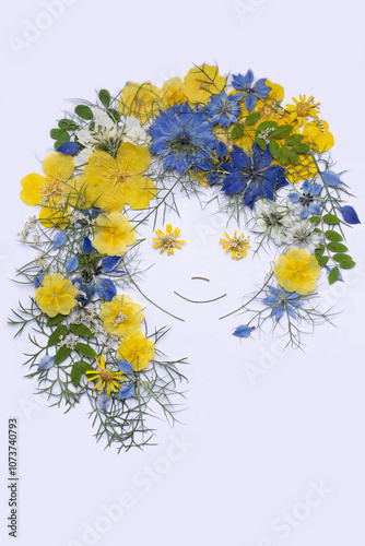 The girl's face is made of pressed flowers. Perfect for greeting cards, invitations, floral design