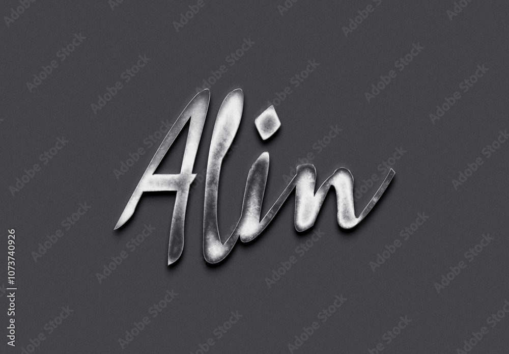 Chrome metal 3D Indonesian name design of Alin on grey background. Chrome metal 3D Indonesian name design of Alin on grey background.