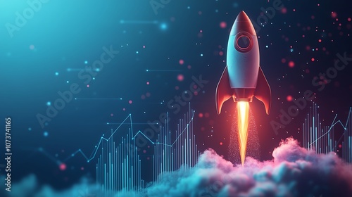 A rocket ship with business graph bar chart, Rocket business graph background