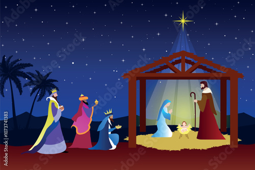 Christmas Nativity scene background. The Adoration of the Magi. Vector illustration.