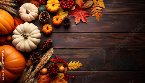  A Thanksgiving flat lay features colorful autumn elements on a dark wooden background, perf_1(256) photo