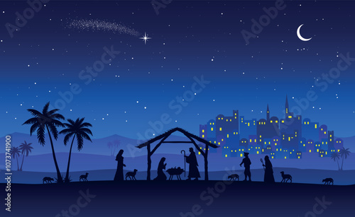 Christmas Nativity scene background. Jesus Christ born in the desert setting. Vector illustration.