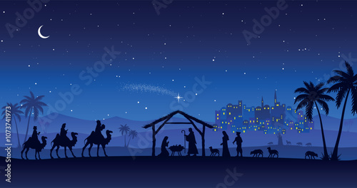 Christmas Nativity scene background. The Three Wise Men arrive at the hut. Desert setting at night. Vector illustration.