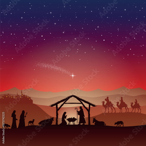 Christmas Nativity scene background. The Three Wise Men arrive at the hut. Desert setting at night. Vector illustration.