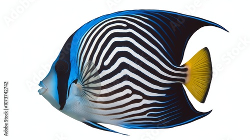 Stunning regal angelfish with vibrant stripes and colors on a white background.