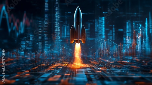 A rocket ship with business graph bar chart, Rocket business graph background