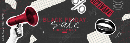 Banner with halftone loudspeaker,laughing mouth, torn pieces of paper, barcode for Black Friday. Creative collage, paper fashion sale design. Y2K modern template for banner, poster