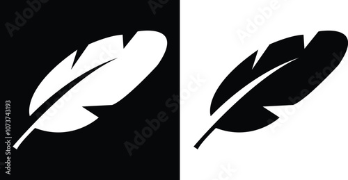 Feather icon set. Beautiful feather silhouettes for classic business logos isolated on black and white background. Collection of black and white silhouettes of a bird feather. Vector illustration.