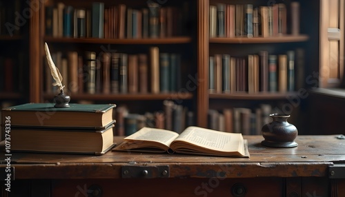 An old wooden desk in an ancient library, adorned with a stack of old books, a quill pen, and a vintage inkwell. The setting exudes a historical and retro style, perfect for conceptual backgrounds on 