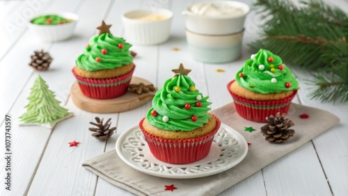 Festive christmas tree cupcakes adorned with green frosting and sprinkles displayed on a white wooden table