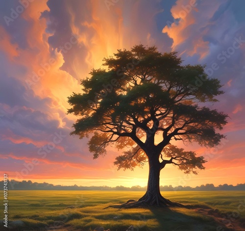 Illustration of lonely tree with sunrise behind and fogy landscape. photo