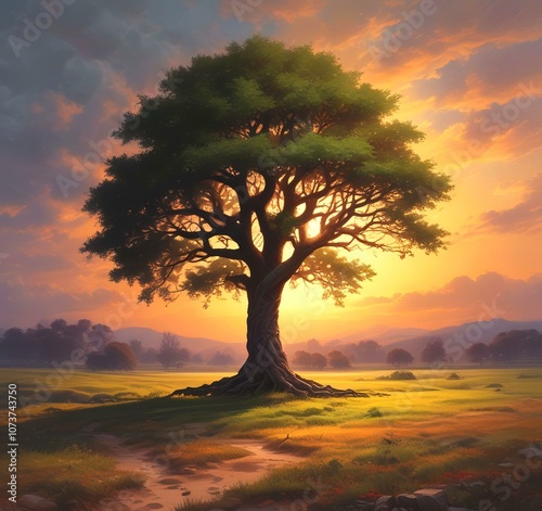 Illustration of lonely tree with sunrise behind and fogy landscape. photo