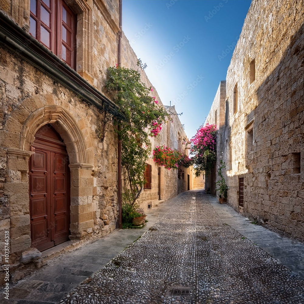 Fototapeta premium perspective of stone houses in a medieval street, AI generated