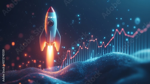 A rocket ship with business graph bar chart, Rocket business graph background