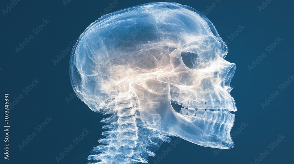 Transparent human skull and spine displayed against a dark blue background showcasing intricate bone structure and details Transparent human skull and spine displayed against a dark blue background showcasing intricate bone structure and details