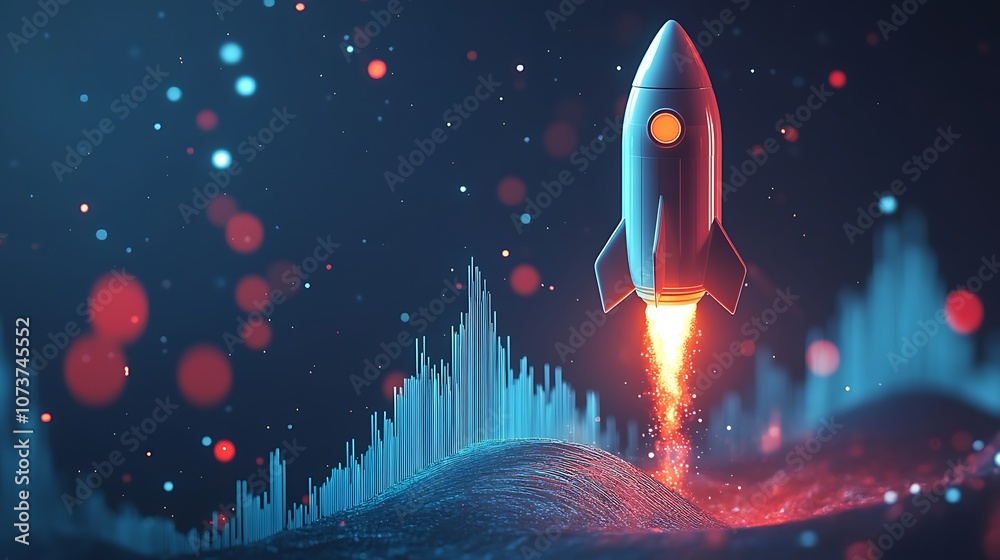 Fototapeta premium A rocket ship with business graph bar chart, Rocket business graph background