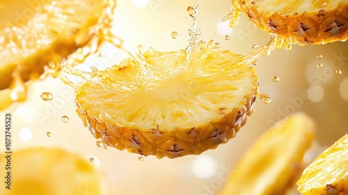 Fresh pineapple slices splash into water, creating a refreshing fruit scene in bright, vibrant colors