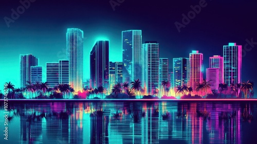 Wallpaper Mural A vibrant skyline illuminated by neon lights reflects on calm waters during a clear evening in a coastal city Torontodigital.ca