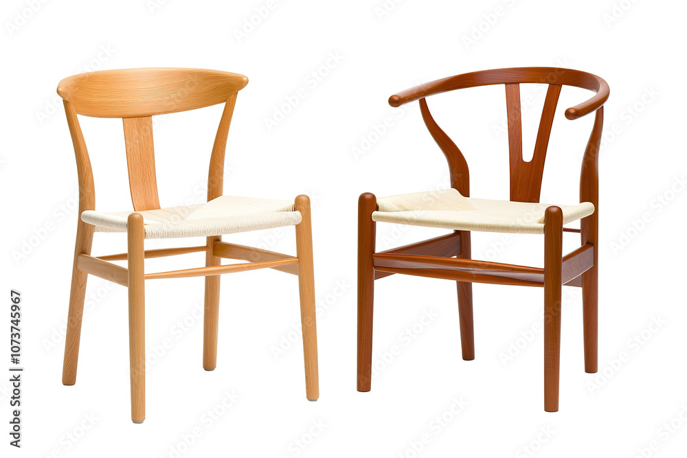Four wooden chairs are lined up next to each other. on transparent background.