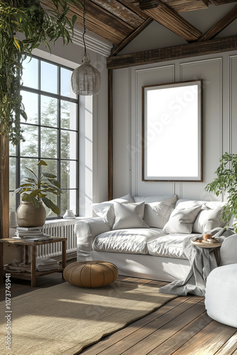 Sunlit Living Room with White Couch and Framed Poster for Modern Home Styling