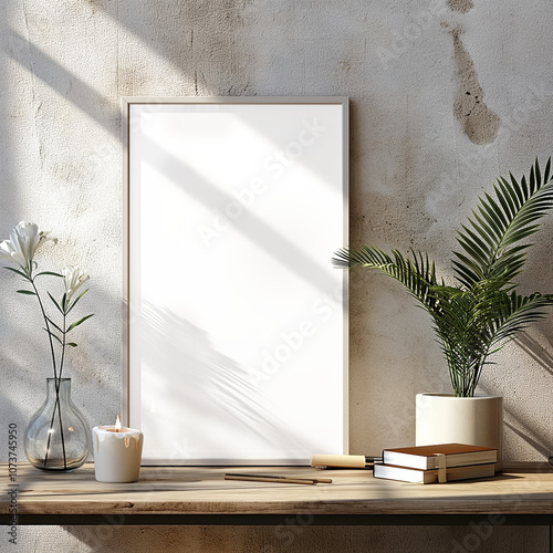 Elegant Poster Frame with Natural Greenery on Concrete Background