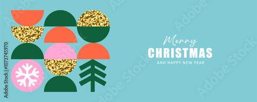 Merry Christmas and Happy New Year greeting banner. Modern Xmas Bauhaus design with geometric shapes and gold glitter. Postcard, poster, flyer, mock up, cover. Vector illustration.