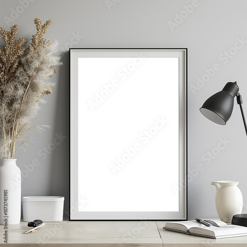 White Frame on Modern Desk with Monochrome Accents and Stylish Greenery