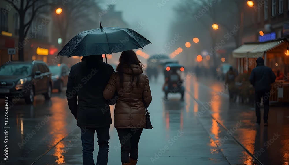Obraz premium Couple Walking Hand in Hand with an Umbrella in the Rain
