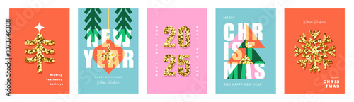 Set of Merry Christmas and Happy New Year greeting cards. Modern trendy design with gold glitter, snowflakes, Christmas decorations and other festive design elements. Xmas template of poster, cover