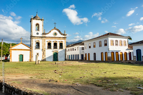 Church and people in the famous tourist city of Paraty. Colonial historic center of Paraty, Rio de Janeiro, Brazil. World Heritage site