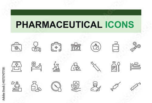 Medical and Pharmaceutical vector line icon set. Containing chemistry, care, pain, dose, vitamin, aid and more. Outline icon collections. Editable vector stroke.