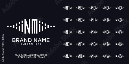 Set of audio, equalizer, and music logo design initial n combine with letter a to z and white color