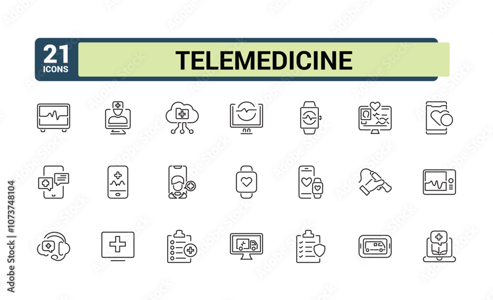 Telemedicine linear icon collection. Featuring mobile, phone, consultation, web, call, virtual, aid and more. Vector illustration in modern line style. Telemedicine linear icon collection. Featuring mobile, phone, consultation, web, call, virtual, aid and more. Vector illustration in modern line style.
