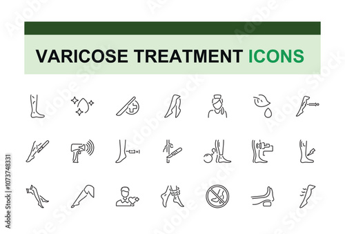 Varicose Treatment icon set. Includes thin line vein, wom, foot, medicine, pack, pressure and more. Minimal linear icons. Editable vector icon and illustration.