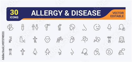 allergy and disease line web icon set. Containing health, allergy, lung, nut, sneeze and more. Outline icons pack. Editable vector stroke.
