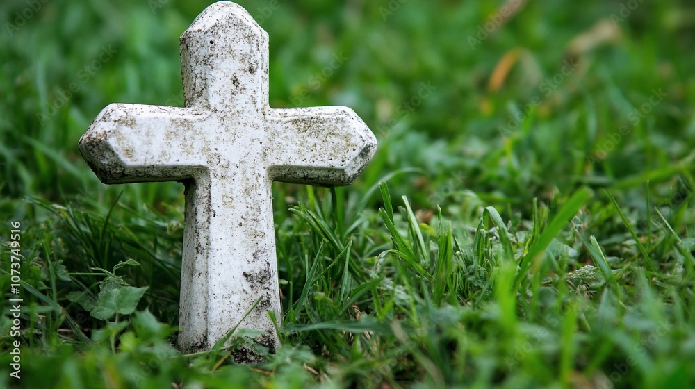 White stone cross in the grass.