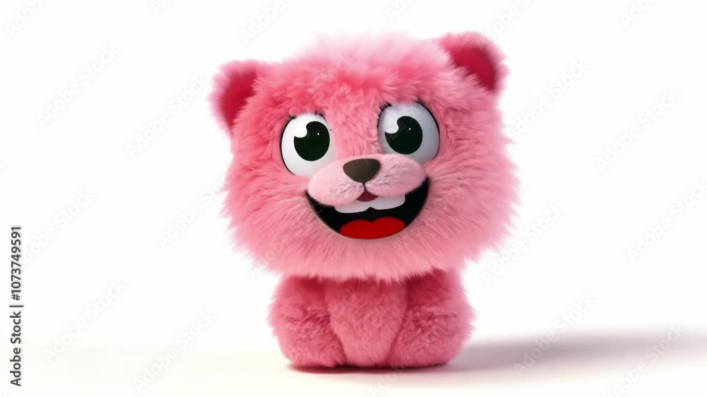 A cute pink fluffy cartoon bear cub smiles joyfully in a friendly pose on a plain background, creating a warm and welcoming atmosphere. Ideal for positive emotions.
