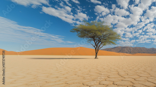 A single tree standing in the middle of a vast, empty desert, symbolizing strength and faith in harsh environtment photo