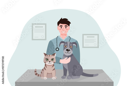 Vector illustration of a veterinary examination of a dog and cat on a veterinary clinic table. Friendly doctors examining a dog and a cat. Veterinarians at the animal clinic. Animal care concept. 