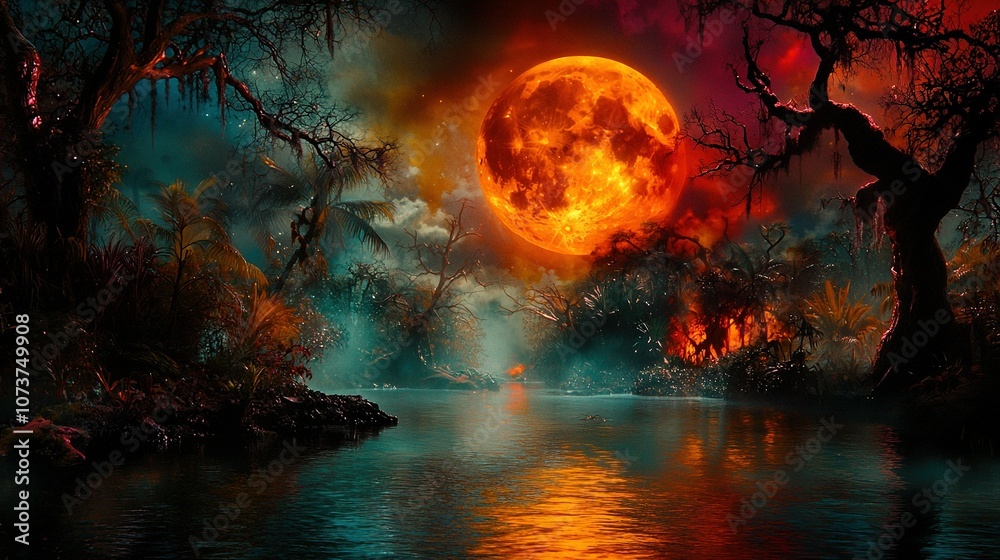 Obraz premium A full moon painting over water with trees and red-black sky