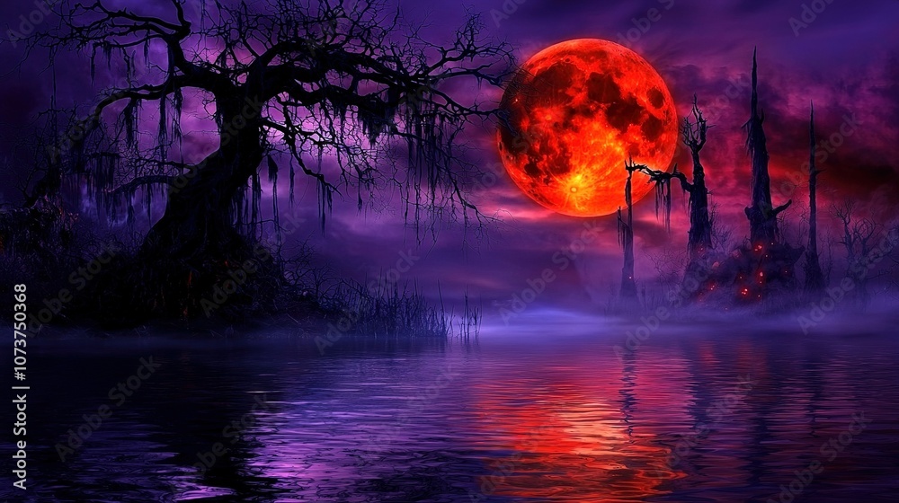 A painting depicts a red moon against a purple backdrop with trees in the foreground and a serene body of water below A painting depicts a red moon against a purple backdrop with trees in the foreground and a serene body of water below