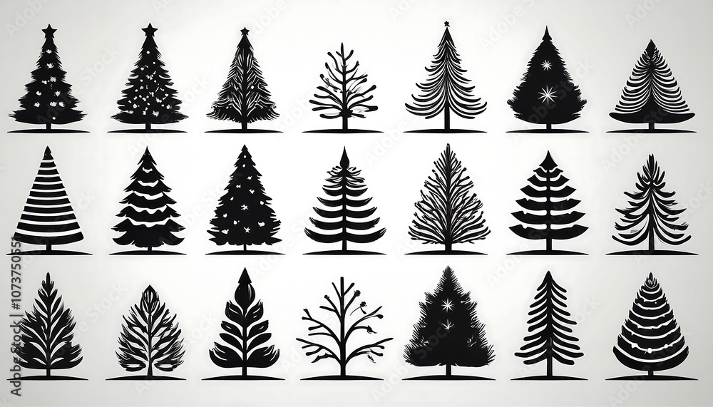 Obraz premium A set of Christmas tree silhouettes and pine icons in various shapes and sizes as monochrom_1(194)