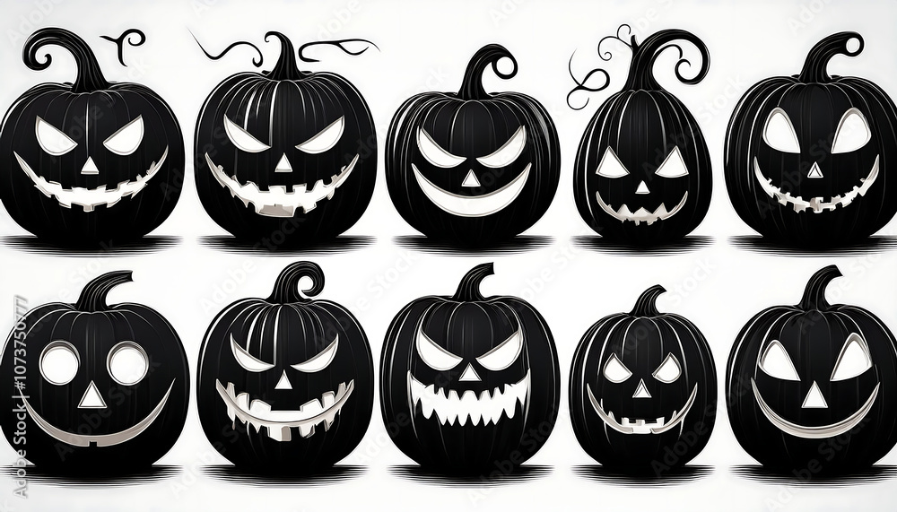  A set of black vector art pumpkin faces in silhouette form against a transparent background_1(192)