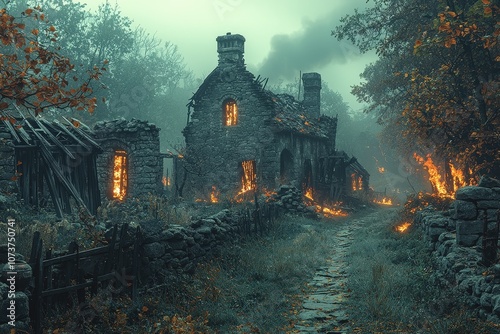 Eerie abandoned stone house in firelit forest landscape during autumn photo