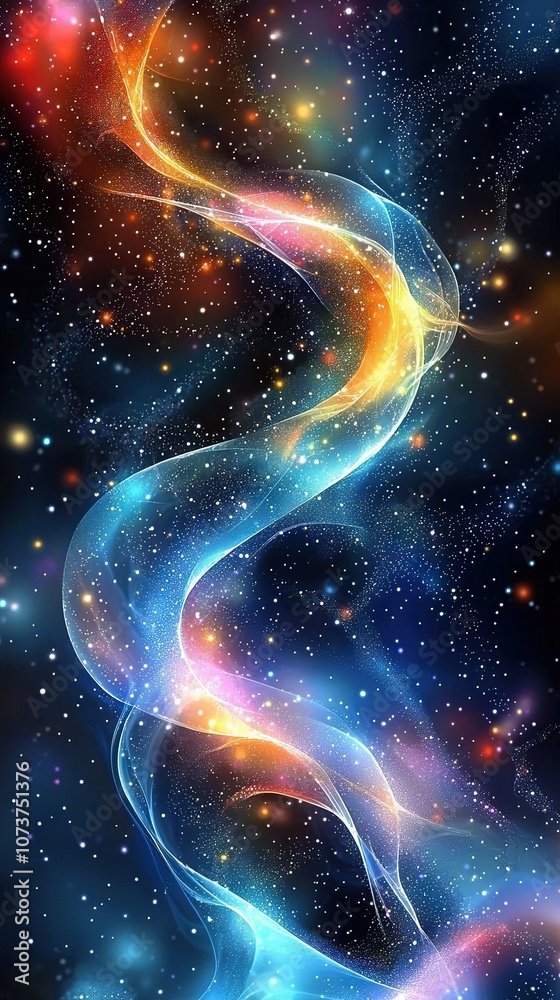   A stunning depiction of a blue-and-yellow swirl against a dark sky, surrounded by shimmering stars and a celestial canvas