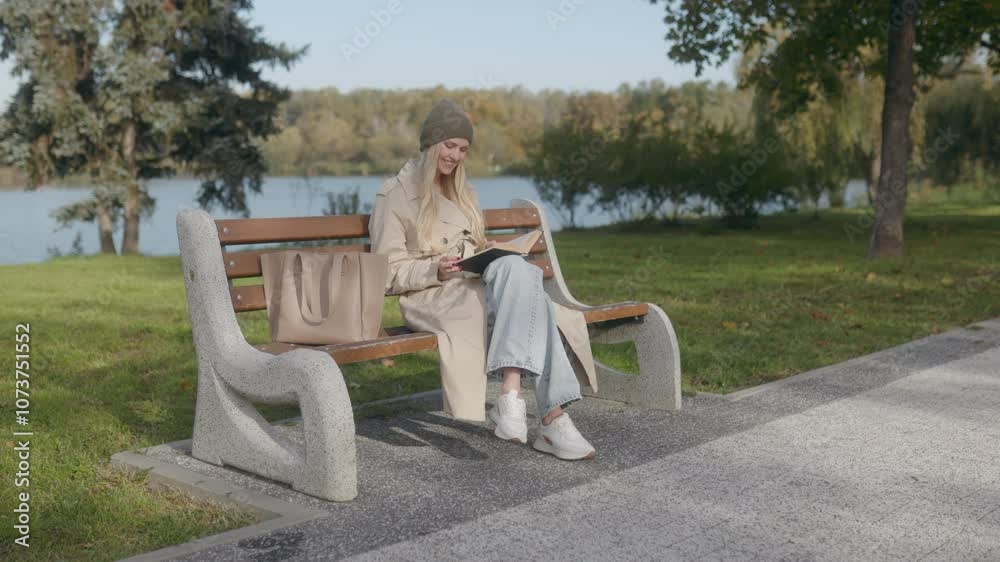 Smiling Woman Reads in the Park on a Sunny, Peaceful Autumn Day Smiling Woman Reads in the Park on a Sunny, Peaceful Autumn Day